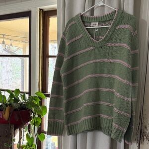 Sample BiBi V-Neck Sweater in Green and Pink Stripes